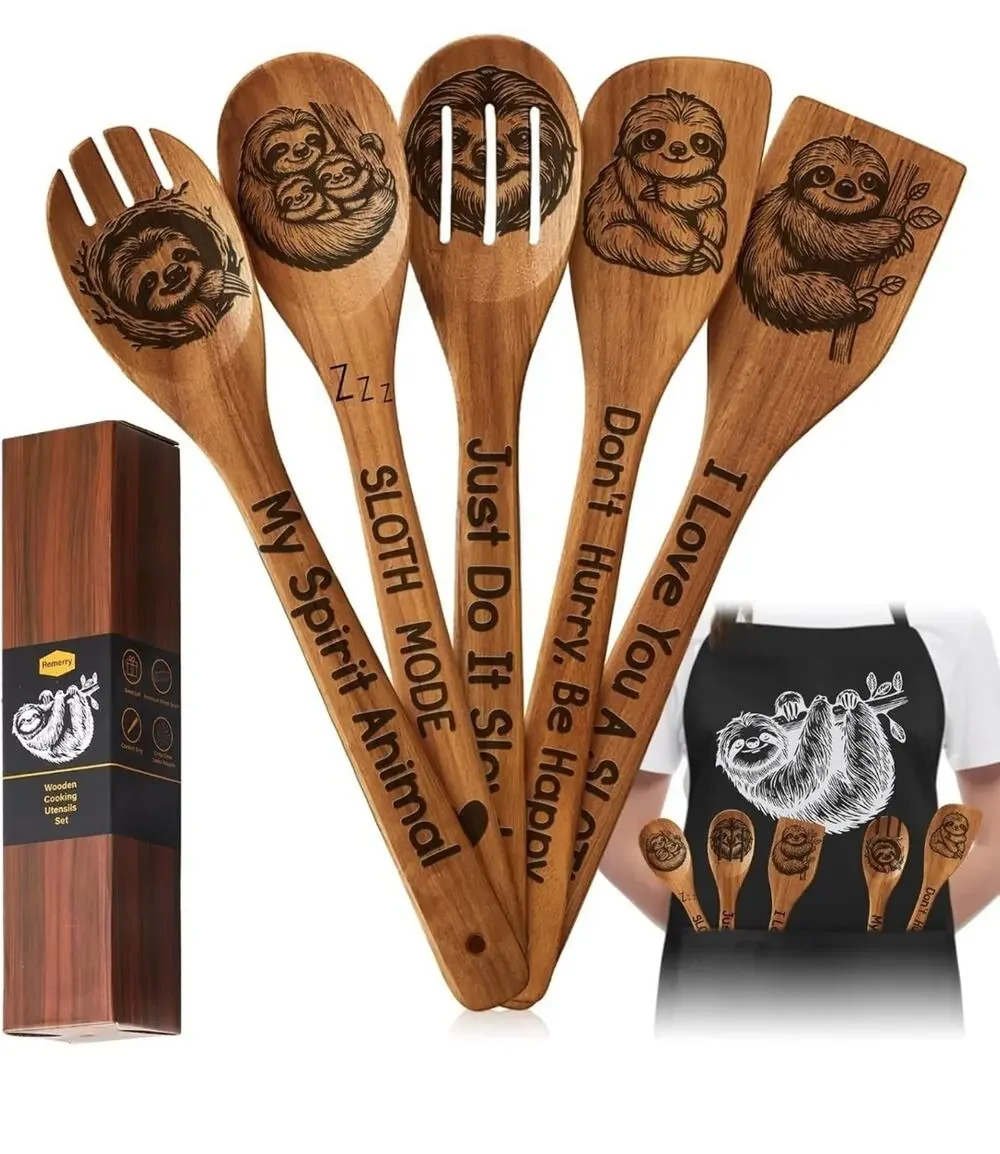 6 Pcs Sloth Gifts for Women Kitchen Gift Set with Acacia Cooking Spoons Apron
